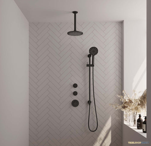 Thermostatisch Inbouwdoucheset Brauer Black 20cm Hoofddouche Plafondarm 3 Standen Handdouche op Glijstang Mat Zwart