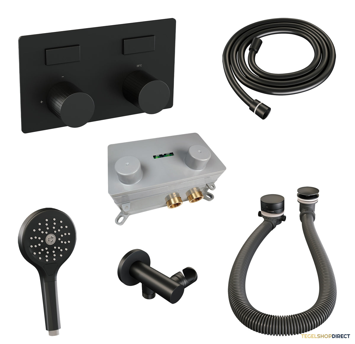 Brauer Stripe thermostatische inbouw badkraan met drukknoppen SET 04 met badvulcombinatie en 3-standen handdouche en doucheslang en wandaansluitbocht mat zwart – afbeelding 2
