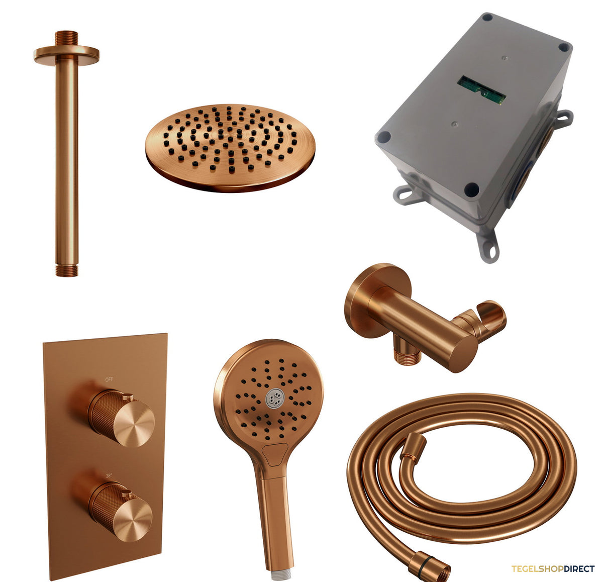 Regendoucheset Inbouw Brauer Copper Carving Thermostatisch 20cm met 3-Weg Omstelling, Plafondarm en 3-Standen Handdouche Geborsteld Koper – afbeelding 4