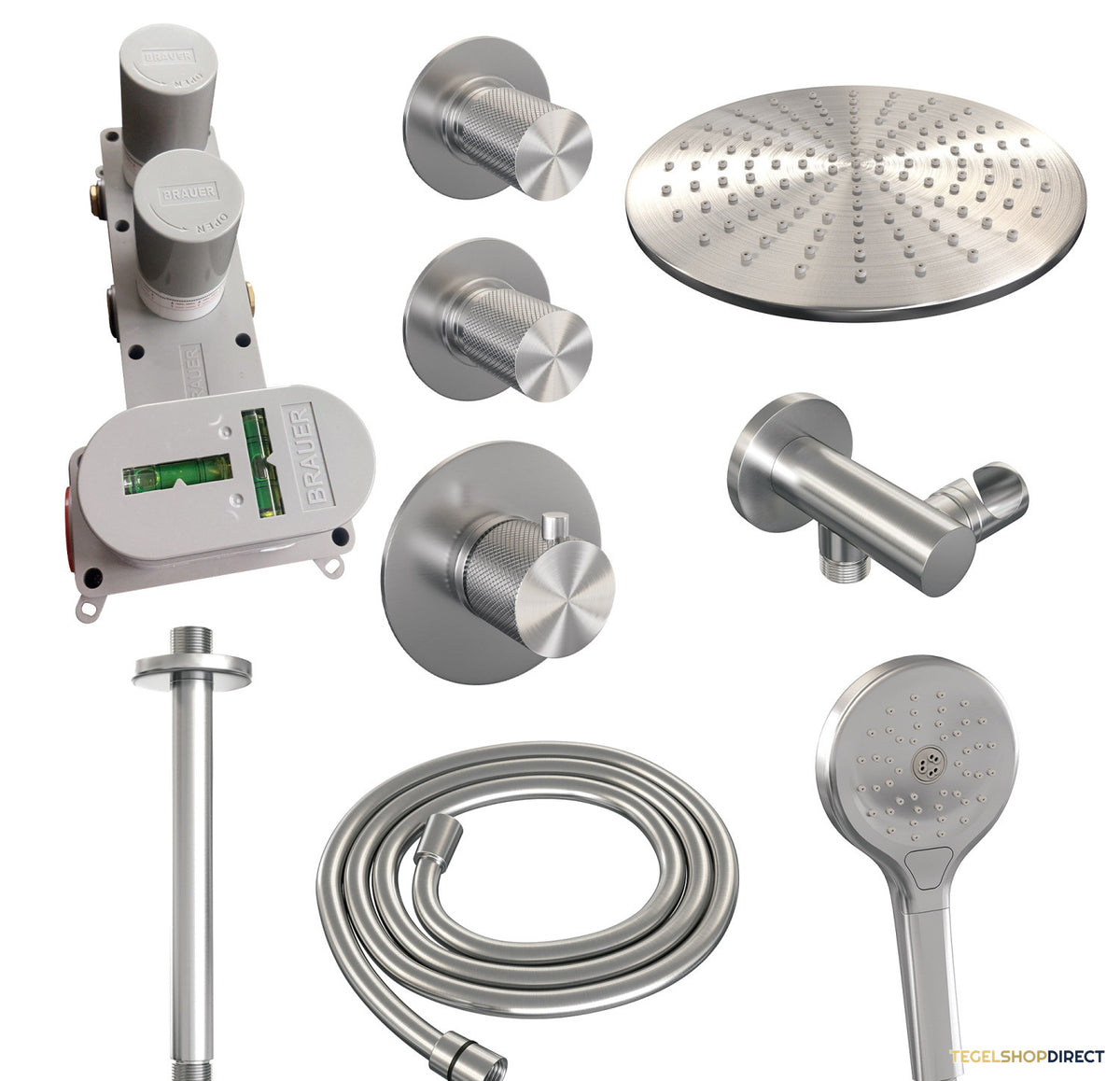 Regendoucheset Inbouw Brauer Brushed Carving Thermostatisch 30cm met Plafondarm en Handdouche 3-Standen Losse Stopkranen Geborsteld RVS – afbeelding 5