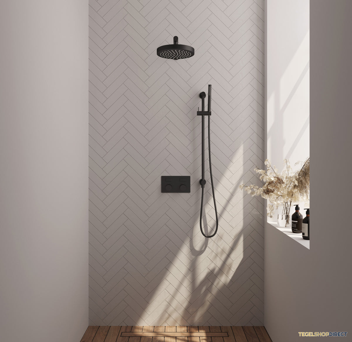 Brauer Stripe thermostatische inbouw regendouche met drukknoppen SET 31 met 25 cm douchekop en rechte muurarm en staaf handdouche en doucheslang en geintegreerde glijstang mat zwart – afbeelding 2