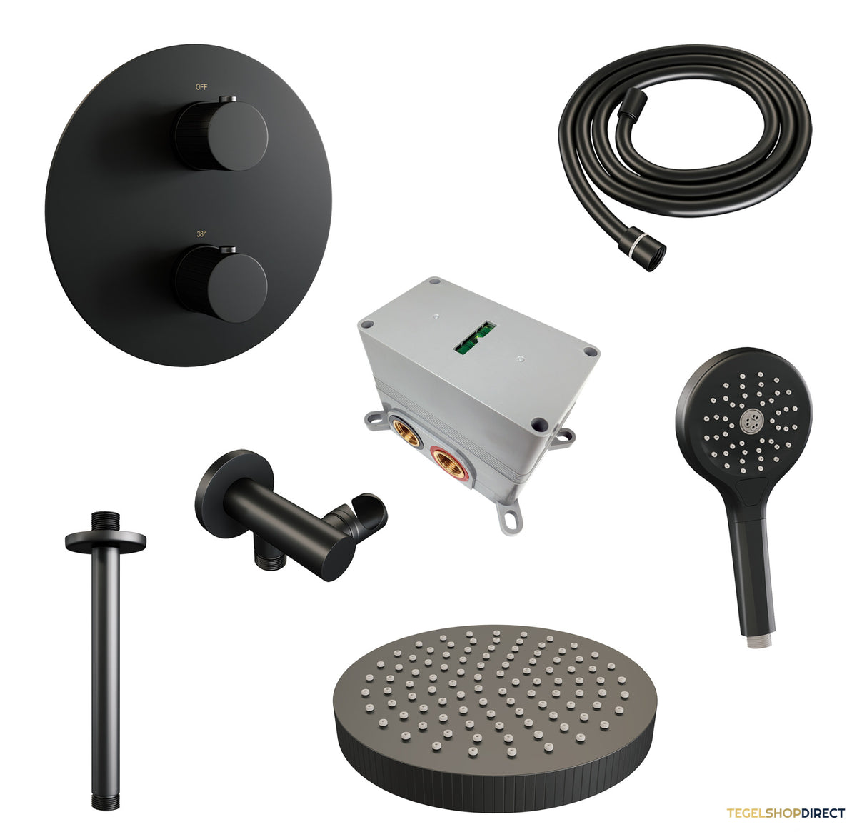 Brauer Stripe thermostatische inbouw regendouche 3-weg rond SET 42 met 25 cm douchekop en plafondarm en 3-standen handdouche en doucheslang en wandaansluitbocht mat zwart – afbeelding 3