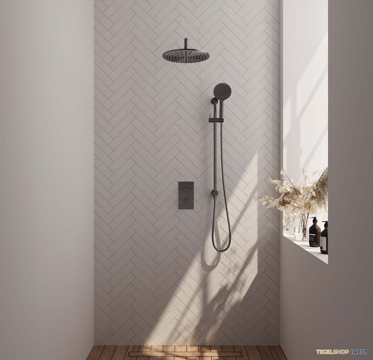 Regendoucheset Inbouw Brauer Gunmetal Carving Thermostatisch 30cm met 3-Weg Omstelling, Gebogen Wandarm, Glijstang en 3-Standen Handdouche Geborsteld Gunmetal – afbeelding 2