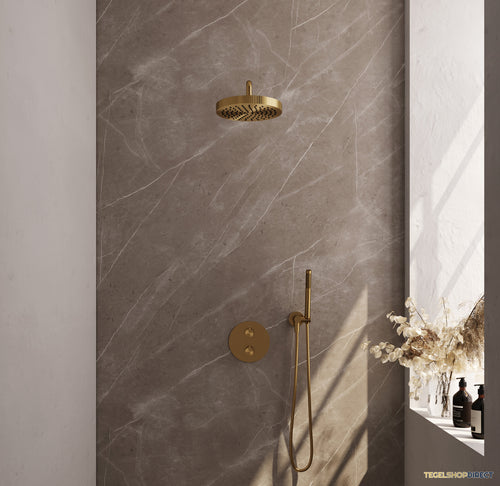 Brauer Stripe thermostatische inbouw regendouche 3-weg rond SET 38 met 25 cm douchekop en gebogen muurarm en staaf handdouche en doucheslang en wandaansluitbocht goud geborsteld PVD