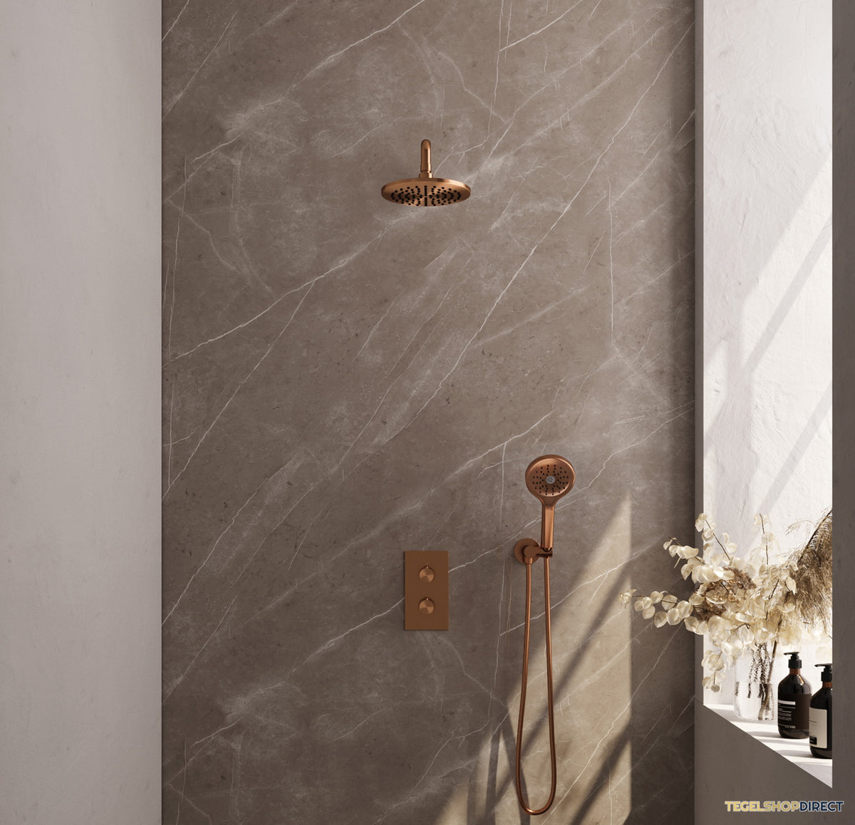 Regendoucheset Inbouw Brauer Copper Carving Thermostatisch 20cm met 3-Weg Omstelling, Gebogen Wandarm en 3-Standen Handdouche Geborsteld Koper – afbeelding 2