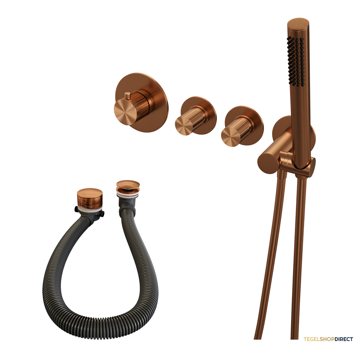 Brauer Stripe thermostatische inbouw badkraan SET 01 met badvulcombinatie en staaf handdouche en doucheslang en wandaansluitbocht koper geborsteld PVD – afbeelding 2