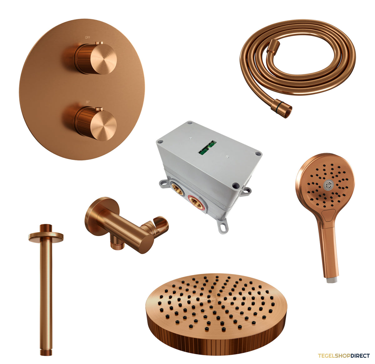 Brauer Stripe thermostatische inbouw regendouche 3-weg rond SET 42 met 25 cm douchekop en plafondarm en 3-standen handdouche en doucheslang en wandaansluitbocht koper geborsteld PVD – afbeelding 3