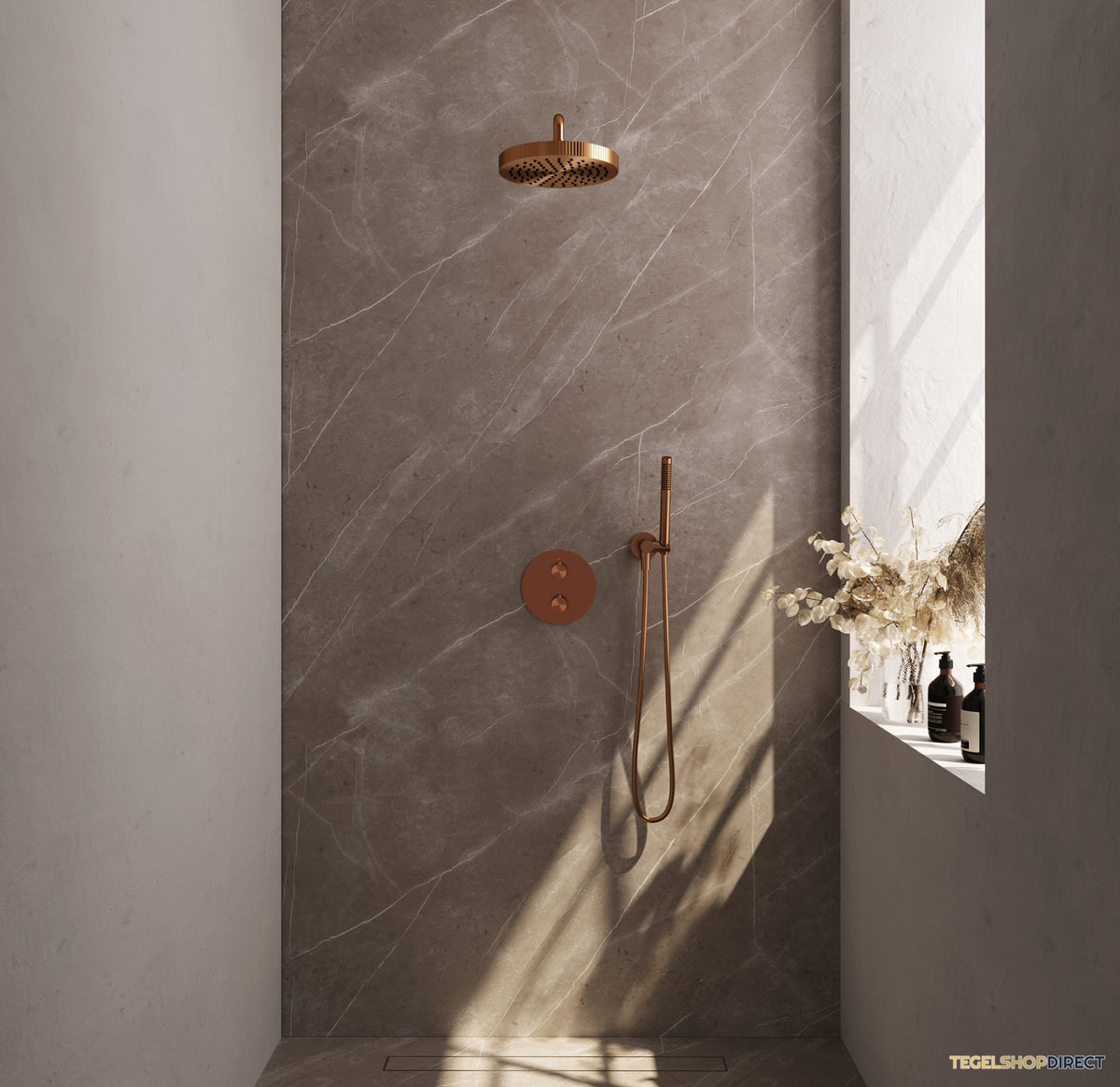 Brauer Stripe thermostatische inbouw regendouche 3-weg rond SET 38 met 25 cm douchekop en gebogen muurarm en staaf handdouche en doucheslang en wandaansluitbocht koper geborsteld PVD – afbeelding 2