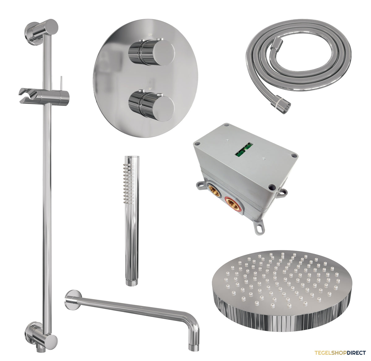 Brauer Stripe thermostatische inbouw regendouche 3-weg rond SET 44 met 25 cm douchekop en gebogen muurarm en staaf handdouche en doucheslang en geintegreerde glijstang chroom – afbeelding 3