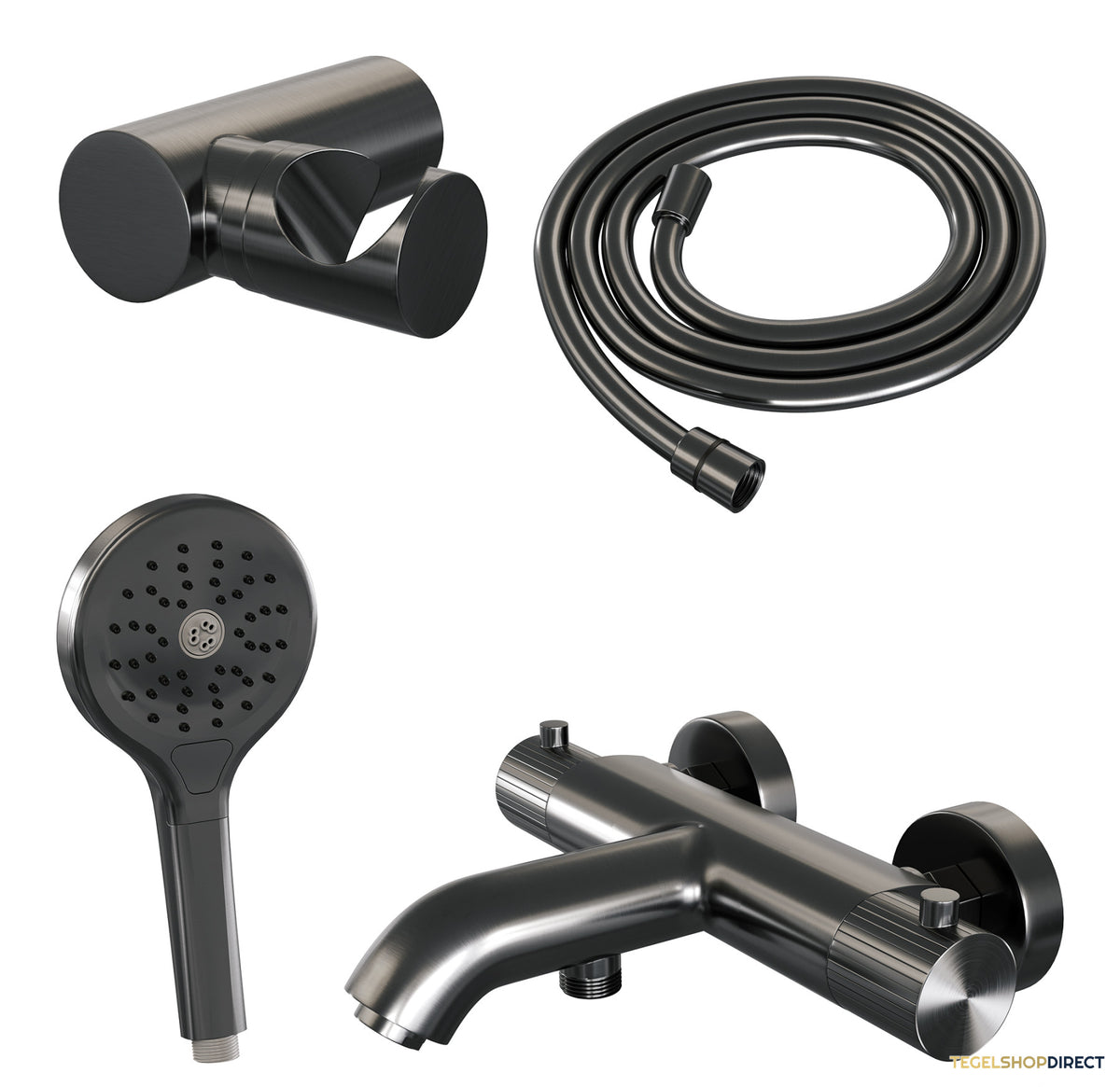 Brauer Stripe opbouw baddouche thermostaatkraan SET 04 met wandhouder en 3-standen handdouche en doucheslang gunmetal geborsteld PVD – afbeelding 2