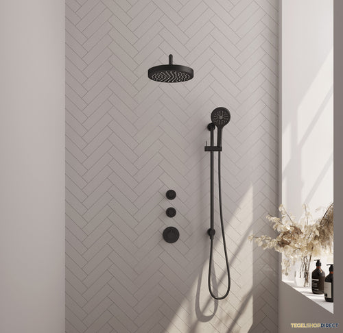 Brauer Stripe thermostatische inbouw regendouche SET 11 met 25 cm douchekop en gebogen muurarm en 3-standen handdouche en doucheslang en geintegreerde glijstang mat zwart
