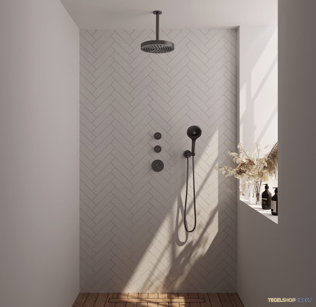 Brauer Stripe thermostatische inbouw regendouche SET 06 met 25 cm douchekop en plafondarm en 3-standen handdouche en doucheslang en wandaansluitbocht gunmetal geborsteld PVD – afbeelding 2