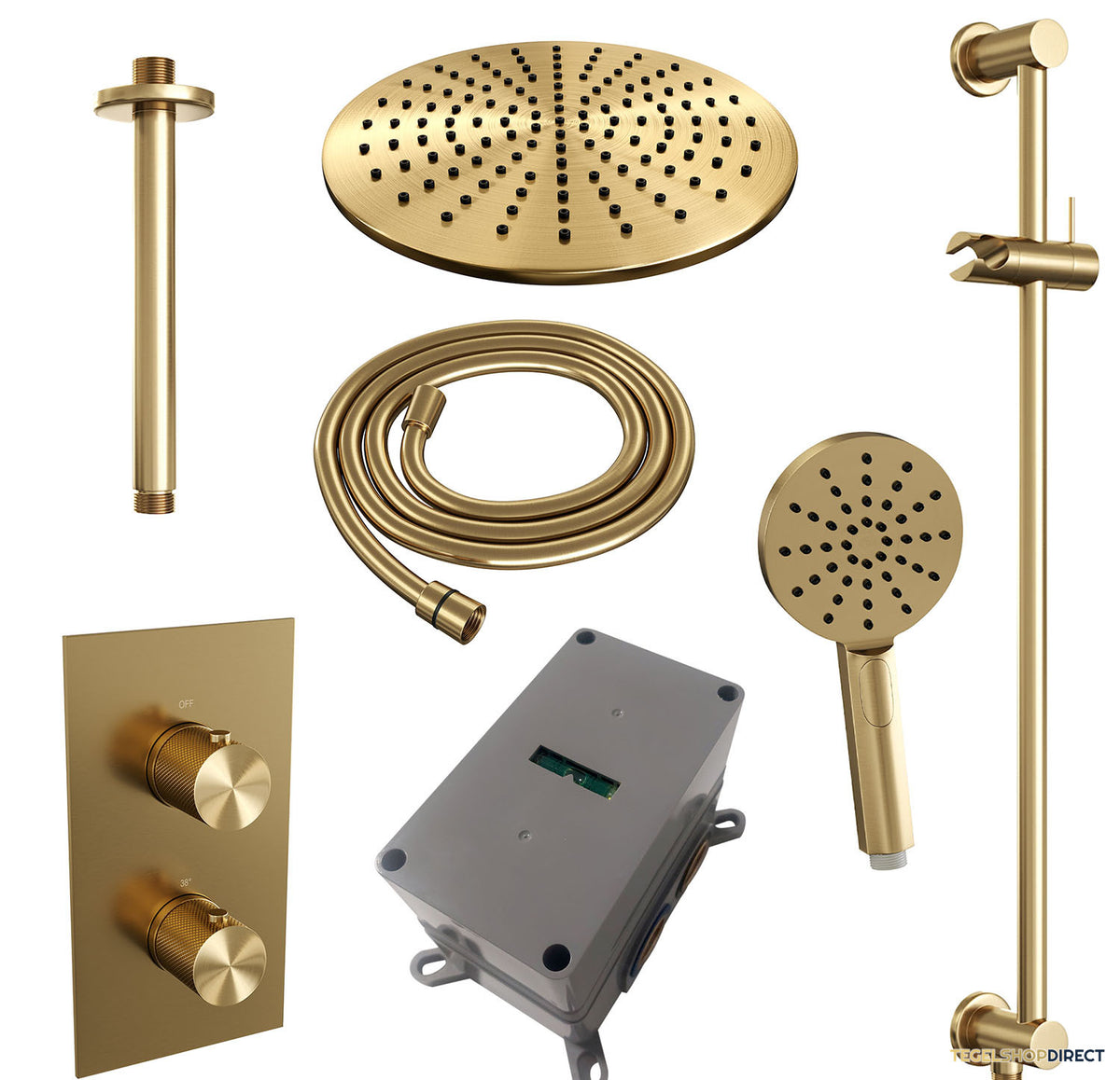 Regendoucheset Inbouw Brauer Gold Carving Thermostatisch 30cm met 3-Weg Omstelling, Plafondarm, Glijstang en Handdouche 3-Standen Geborsteld Goud – afbeelding 4