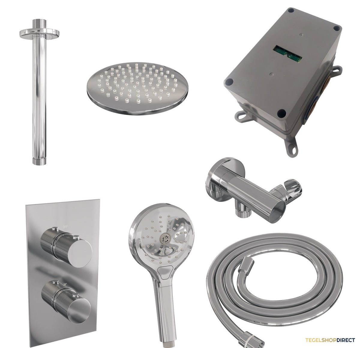 Regendoucheset Inbouw Brauer Chrome Carving Thermostatisch 20cm met 3-Weg Omstelling, Plafondarm en 3-Standen Handdouche Chroom – afbeelding 11