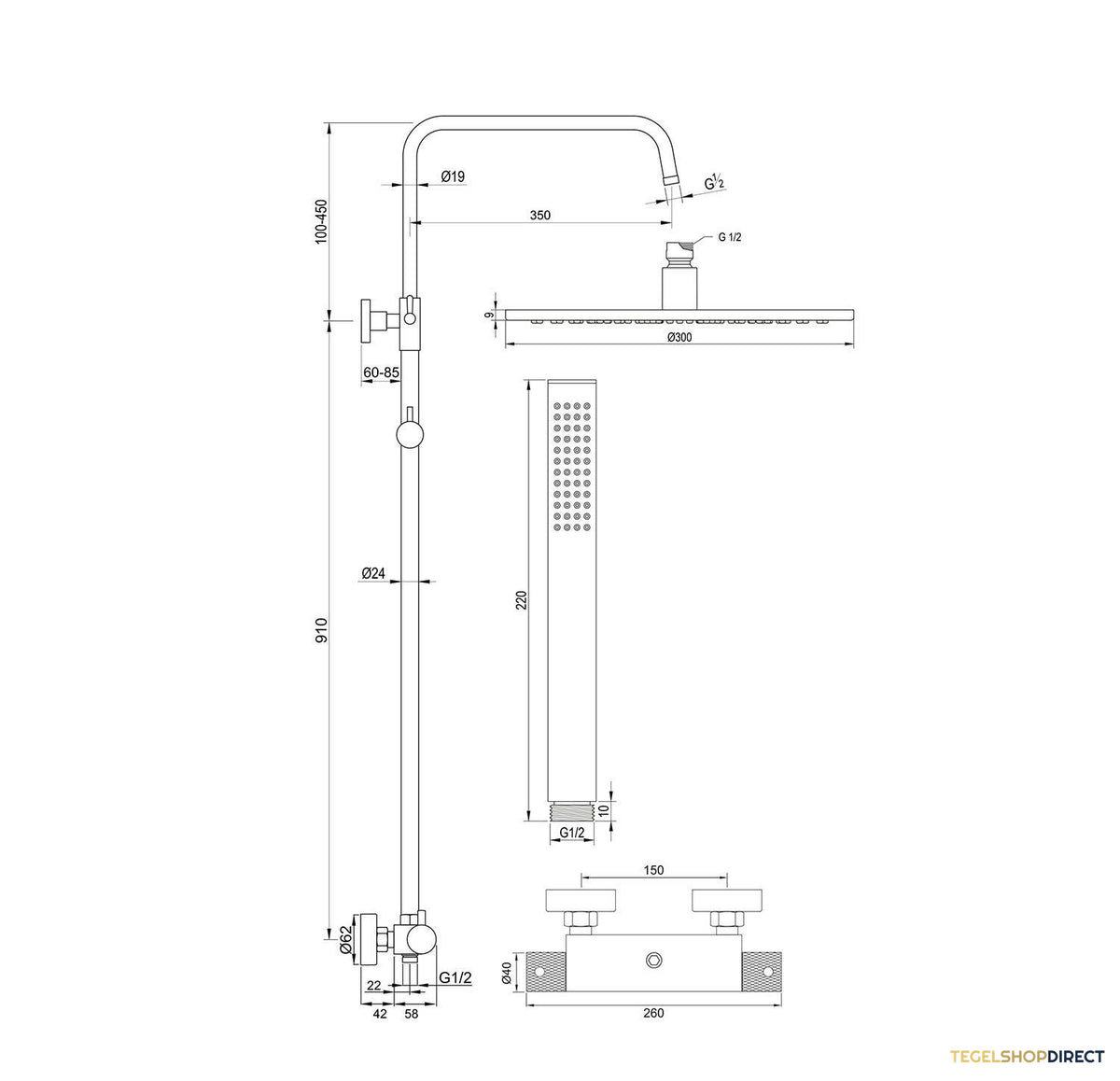 Regendoucheset Opbouw Brauer Chrome Carving 30 cm Thermostatisch met Staaf Handdouche Chroom – afbeelding 7