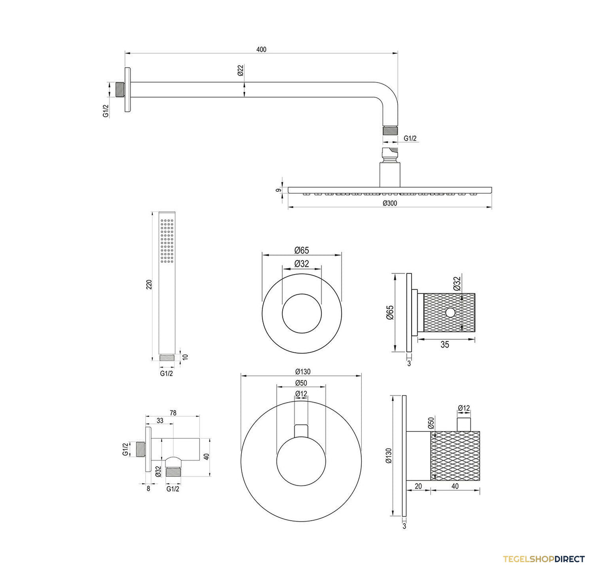 Regendoucheset Inbouw Brauer Brushed Carving Thermostatisch 30cm met Gebogen Wandarm en Handdouche Staaf Losse Stopkranen Geborsteld RVS – afbeelding 12