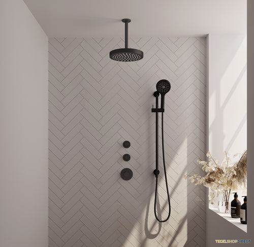 Brauer Stripe thermostatische inbouw regendouche SET 12 met 25 cm douchekop en plafondarm en 3-standen handdouche en doucheslang en geintegreerde glijstang mat zwart
