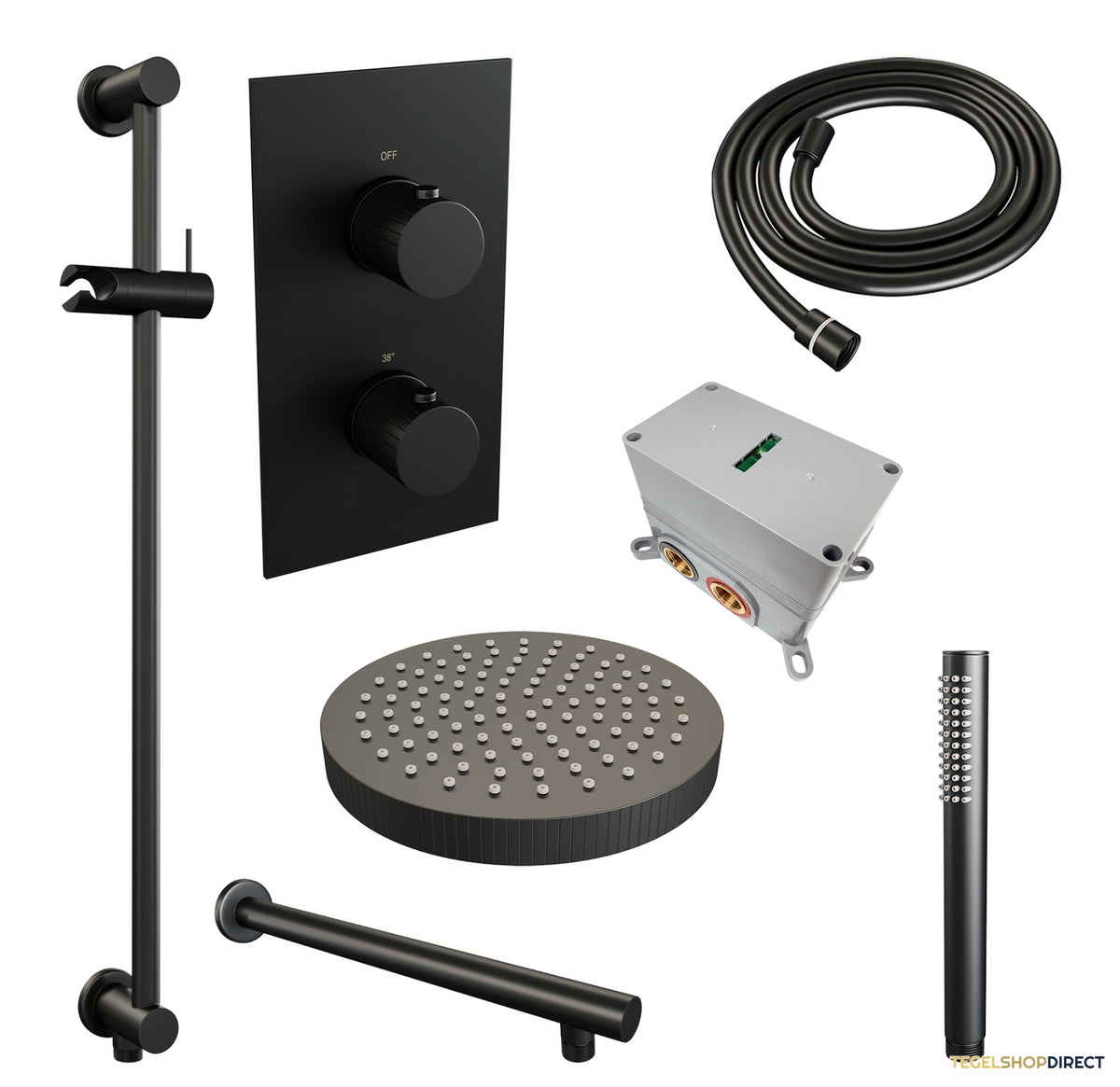 Brauer Stripe thermostatische inbouw regendouche 3-weg rechthoekig SET 19 met 25 cm douchekop en rechte muurarm en staaf handdouche en doucheslang en geintegreerde glijstang mat zwart – afbeelding 3