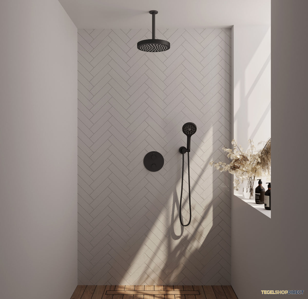 Brauer Stripe thermostatische inbouw regendouche 3-weg rond SET 42 met 25 cm douchekop en plafondarm en 3-standen handdouche en doucheslang en wandaansluitbocht mat zwart – afbeelding 2