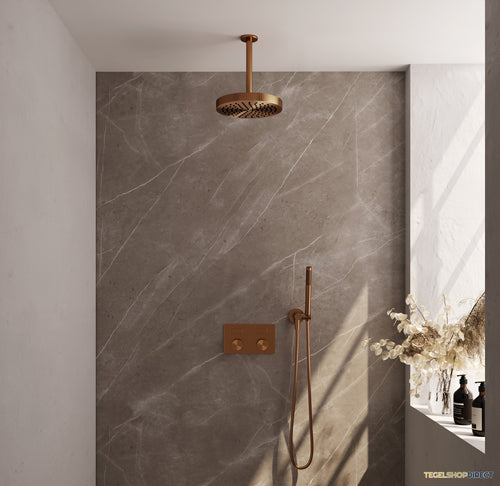 Brauer Stripe thermostatische inbouw regendouche met drukknoppen SET 27 met 25 cm douchekop en plafondarm en staaf handdouche en doucheslang en wandaansluitbocht koper geborsteld PVD
