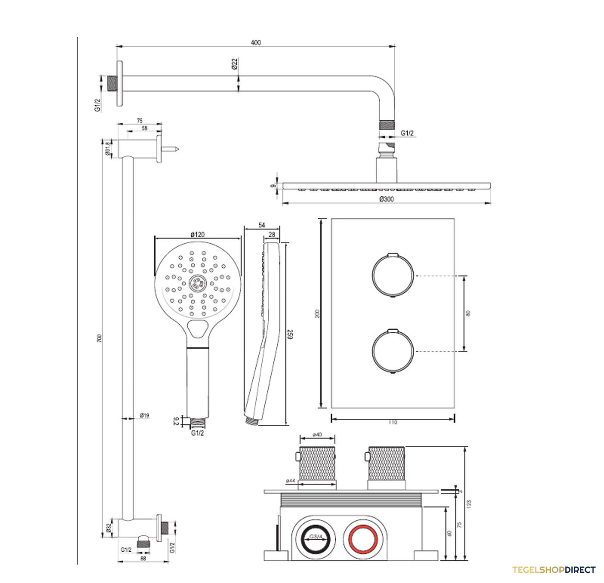 Regendoucheset Inbouw Brauer Brushed Carving Thermostatisch 30cm met 3-Weg Omstelling, Gebogen Wandarm, Glijstang en 3-Standen Handdouche Geborsteld RVS – afbeelding 12