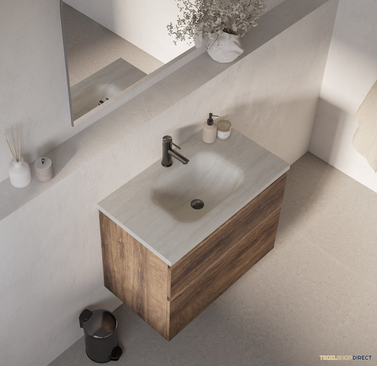 BRAUER Dune Medium wastafel 80 cm met 1 wasbak en 1 kraangat Sintered Stone Ivory Travertin – afbeelding 2