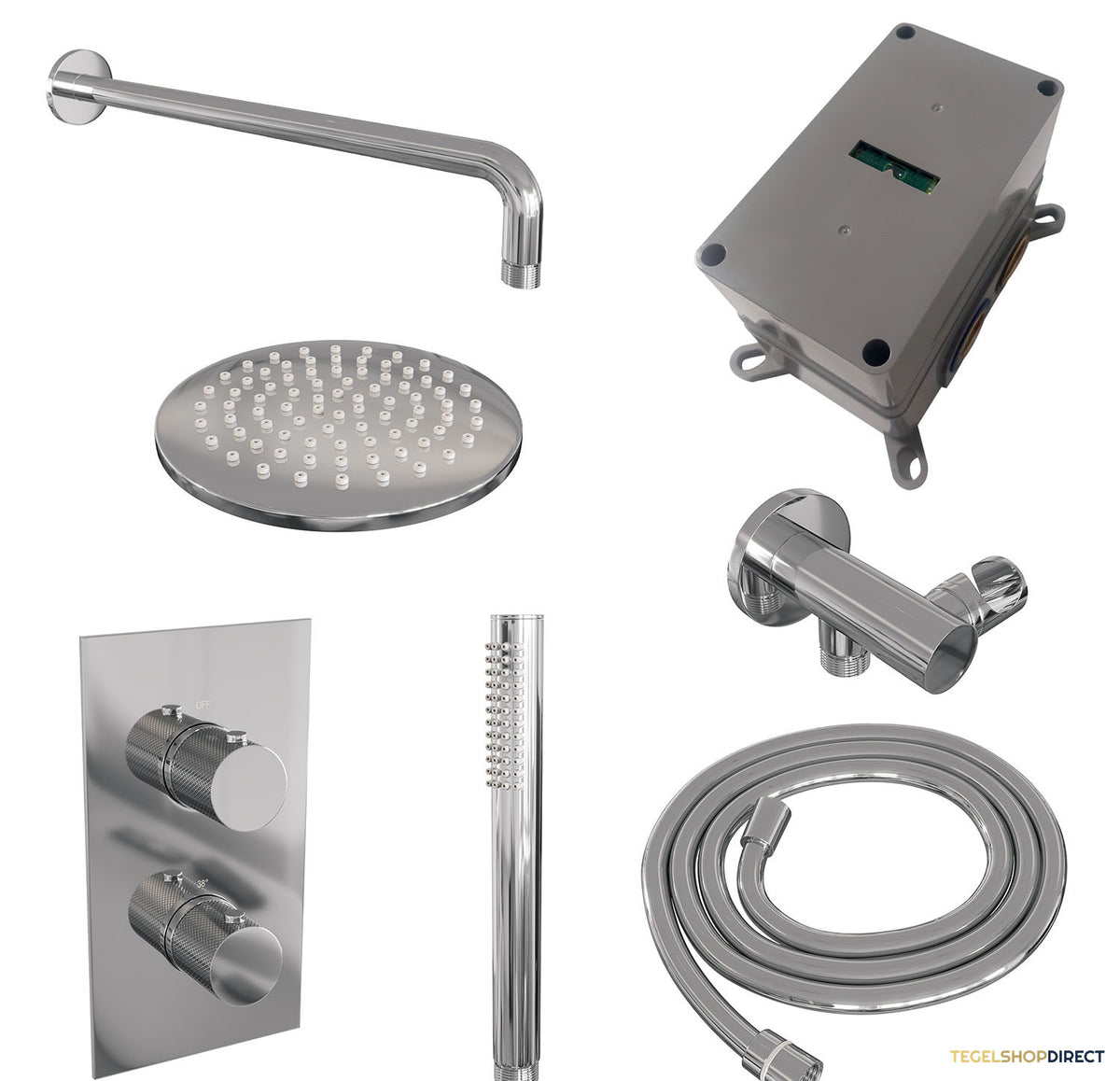 Regendoucheset Inbouw Brauer Chrome Carving Thermostatisch 20cm met 3-Weg Omstelling, Gebogen Wandarm en Staaf Handdouche Chroom – afbeelding 4