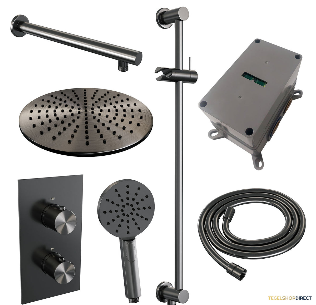 Regendoucheset Inbouw Brauer Gunmetal Edition Thermostatisch 30cm 3-Weg Omstelling Wandarm Glijstang en 3-Standen Handdouche Geborsteld Gunmetal – afbeelding 3