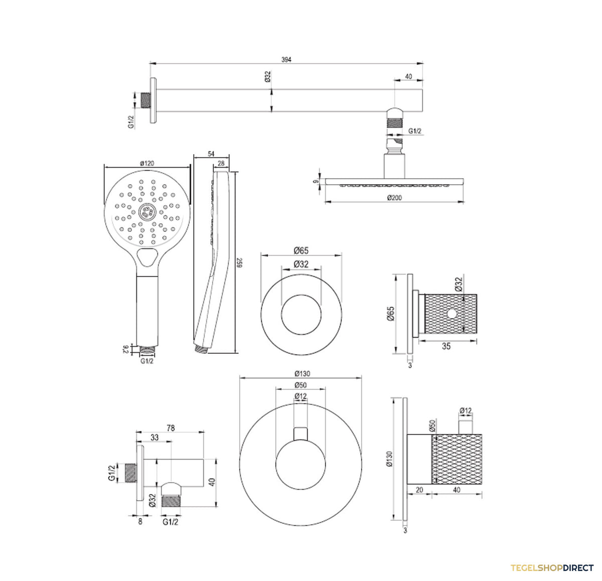 Regendoucheset Inbouw Brauer Copper Carving Thermostatisch 20cm met Wandarm en Handdouche 3-Standen Losse Stopkranen Geborsteld Koper – afbeelding 13