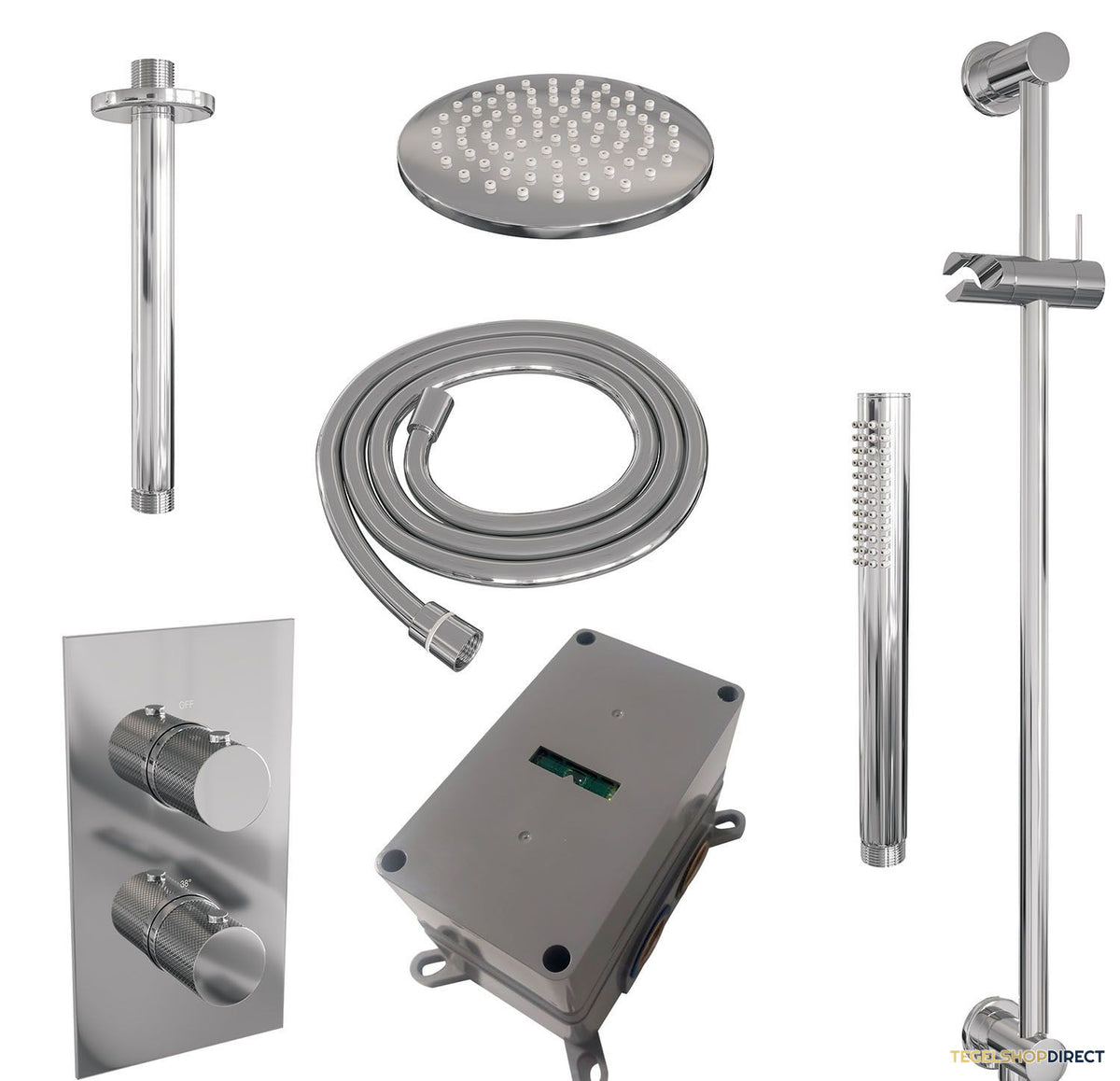Regendoucheset Inbouw Brauer Chrome Carving Thermostatisch 20cm met 3-Weg Omstelling, Plafondarm, Glijstang en Staaf Handdouche Chroom – afbeelding 4