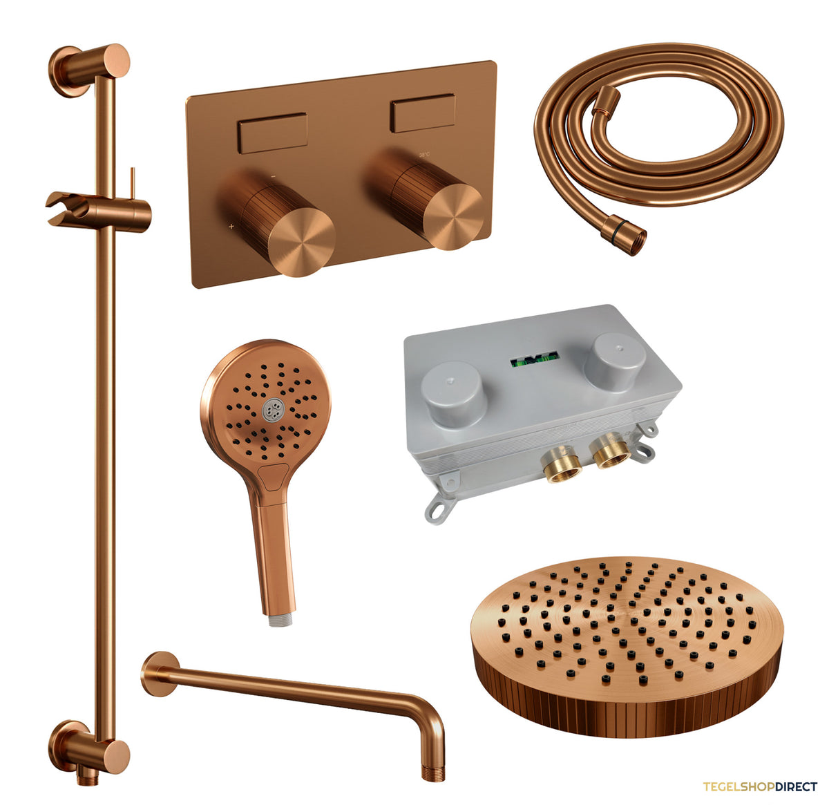 Brauer Stripe thermostatische inbouw regendouche met drukknoppen SET 35 met 25 cm douchekop en gebogen muurarm en 3-standen handdouche en doucheslang en geintegreerde glijstang koper geborsteld PVD – afbeelding 3