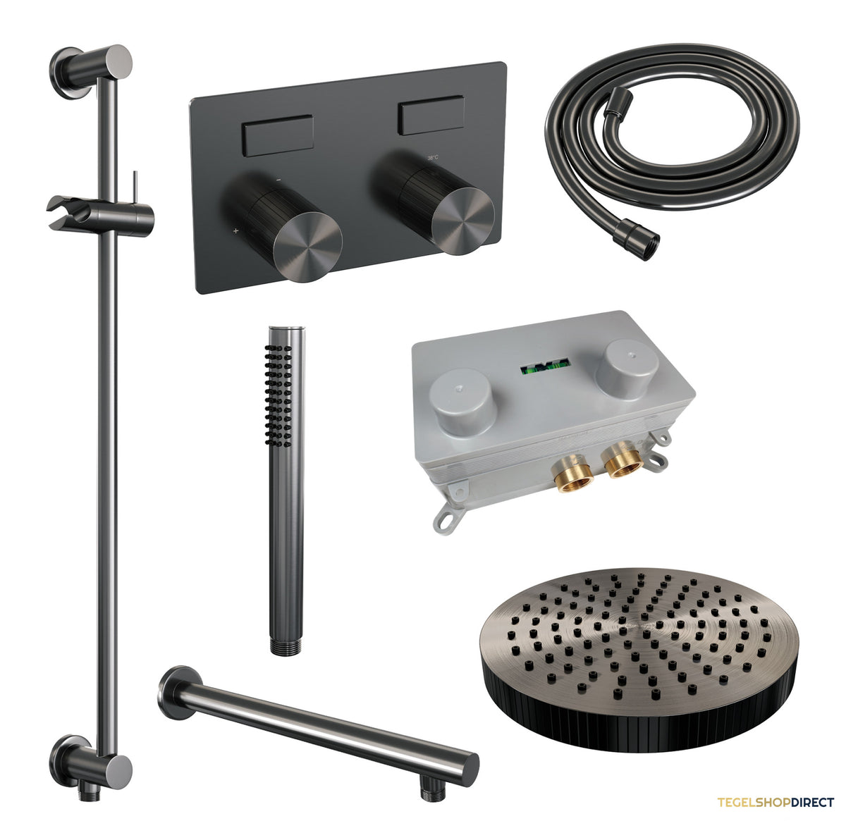Brauer Stripe thermostatische inbouw regendouche met drukknoppen SET 31 met 25 cm douchekop en rechte muurarm en staaf handdouche en doucheslang en geintegreerde glijstang gunmetal geborsteld PVD – afbeelding 3