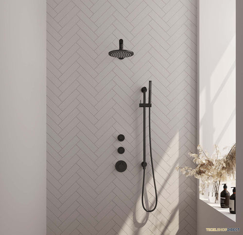 Regendoucheset Inbouw Brauer Black Carving Thermostatisch 20cm met Wandarm, Glijstang en Handdouche Staaf Losse Stopkranen Mat Zwart
