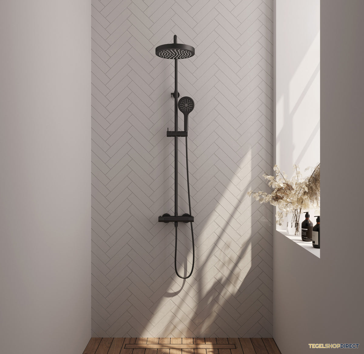 Brauer Stripe opbouw thermostatische regendouche SET 02 met 25 cm hoofddouche en 3-standen handdouche en doucheslang mat zwart – afbeelding 2