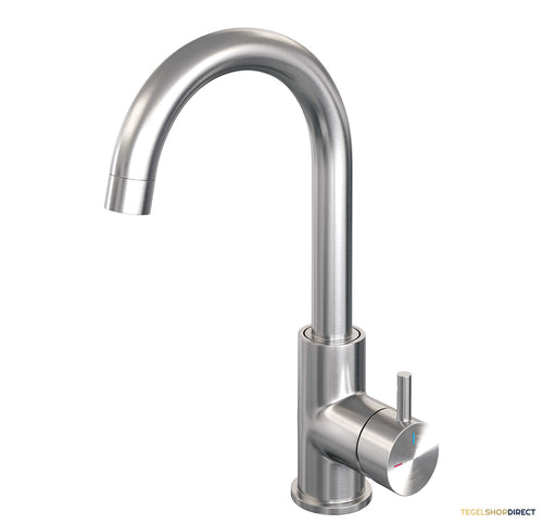 Wastafelmengkraan Brauer Brushed Edition Coldstart Opbouw Hoog Gebogen Korte Ronde Hendel Geborsteld RVS PVD