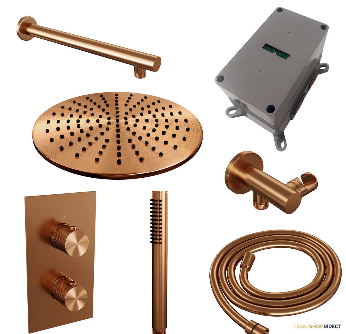 Regendoucheset Inbouw Brauer Copper Carving Thermostatisch 30cm met 3-Weg Omstelling, Wandarm en Staaf Handdouche Geborsteld Koper – afbeelding 3