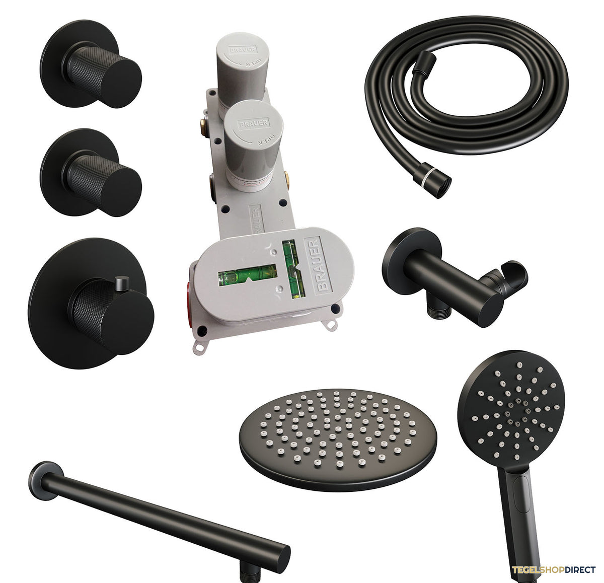 Regendoucheset Inbouw Brauer Black Carving Thermostatisch 20cm met Wandarm en Handdouche 3-Standen Losse Stopkranen Mat Zwart – afbeelding 3