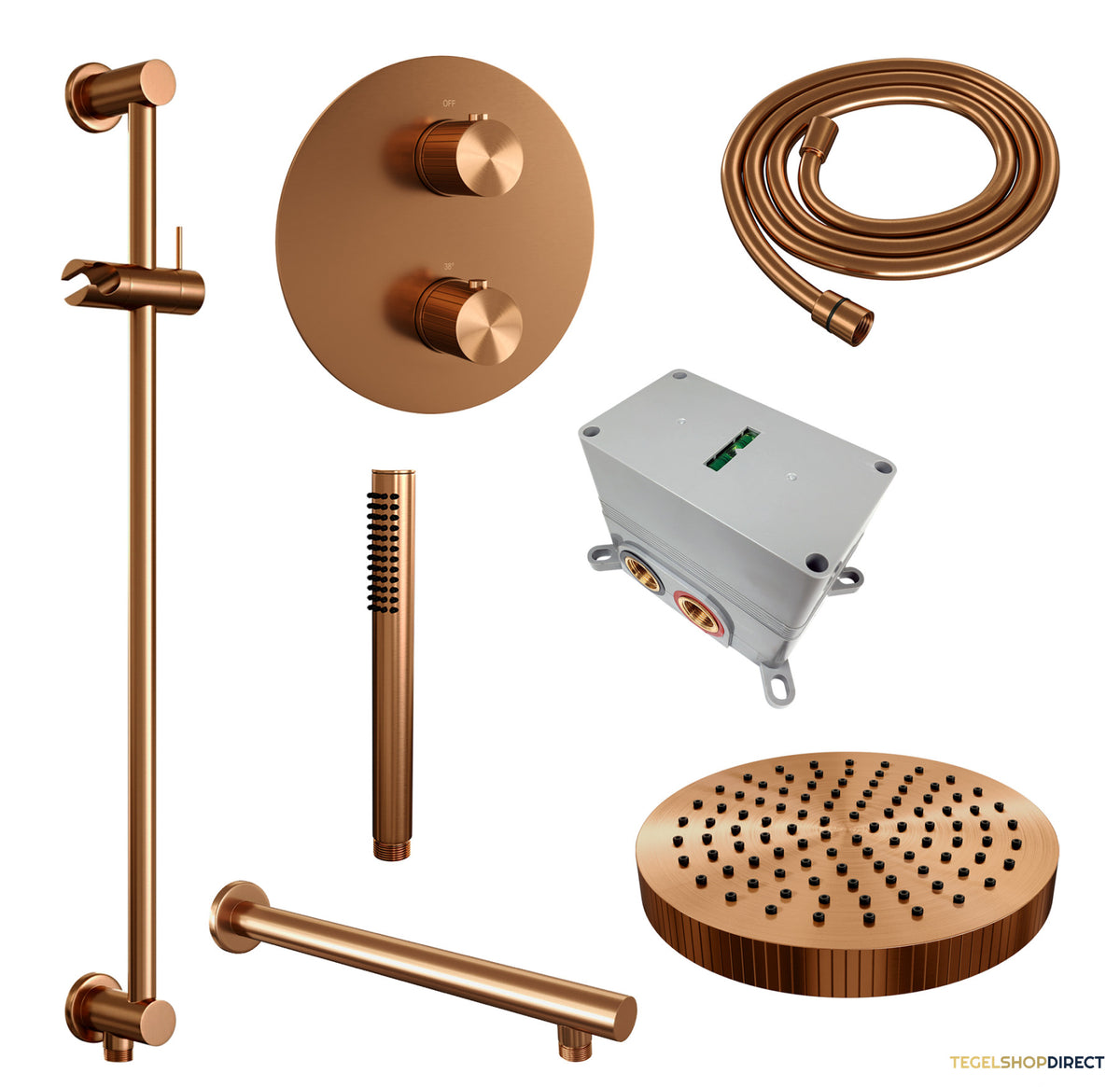 Brauer Stripe thermostatische inbouw regendouche 3-weg rond SET 43 met 25 cm douchekop en rechte muurarm en staaf handdouche en doucheslang en geintegreerde glijstang koper geborsteld PVD – afbeelding 3