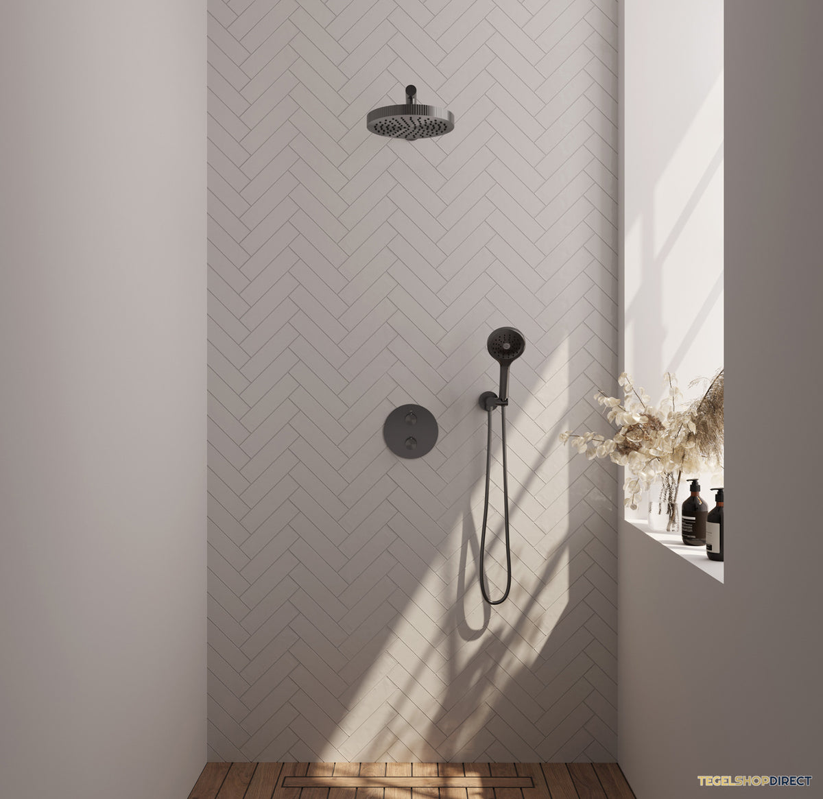 Brauer Stripe thermostatische inbouw regendouche 3-weg rond SET 40 met 25 cm douchekop en rechte muurarm en 3-standen handdouche en doucheslang en wandaansluitbocht gunmetal geborsteld PVD – afbeelding 2
