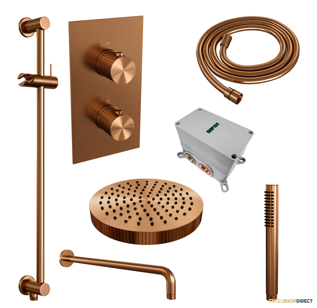 Brauer Stripe thermostatische inbouw regendouche 3-weg rechthoekig SET 20 met 25 cm douchekop en gebogen muurarm en staaf handdouche en doucheslang en geintegreerde glijstang koper geborsteld PVD – afbeelding 3