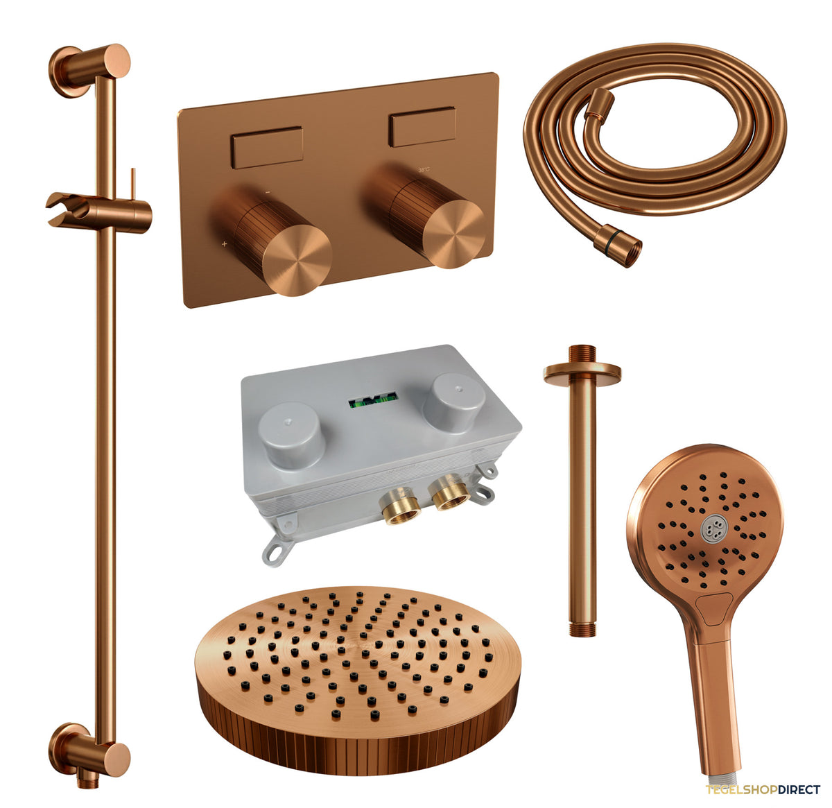 Brauer Stripe thermostatische inbouw regendouche met drukknoppen SET 36 met 25 cm douchekop en plafondarm en 3-standen handdouche en doucheslang en geintegreerde glijstang koper geborsteld PVD – afbeelding 3