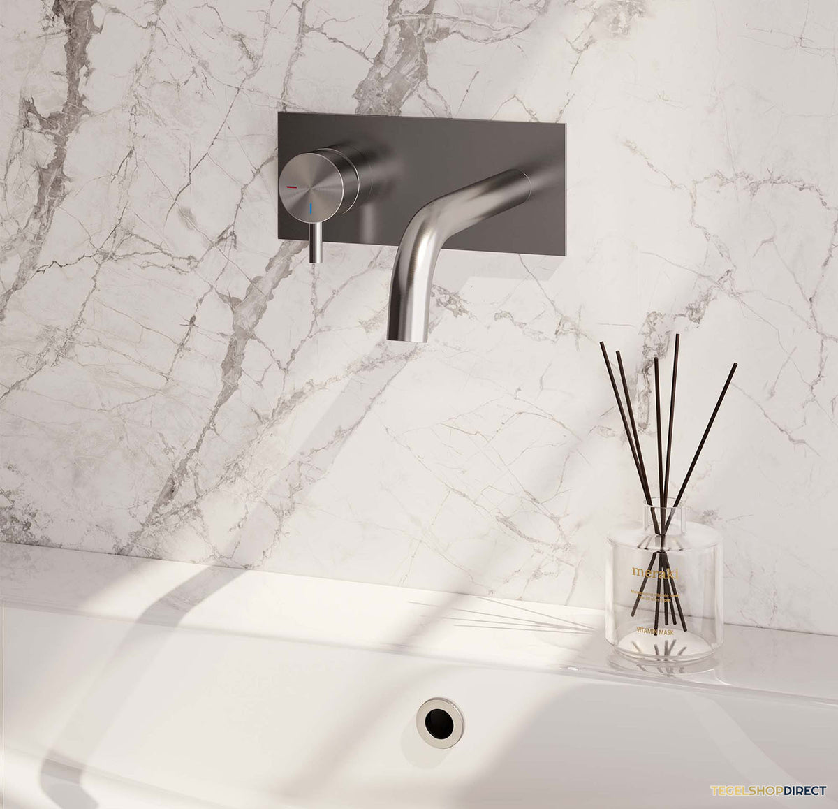 Inbouw Wastafelmengkraan Brauer Brushed Edition Coldstart Gebogen Uitloop Korte Ronde Hendel Links Geborsteld RVS PVD Met Afdekplaat – afbeelding 2