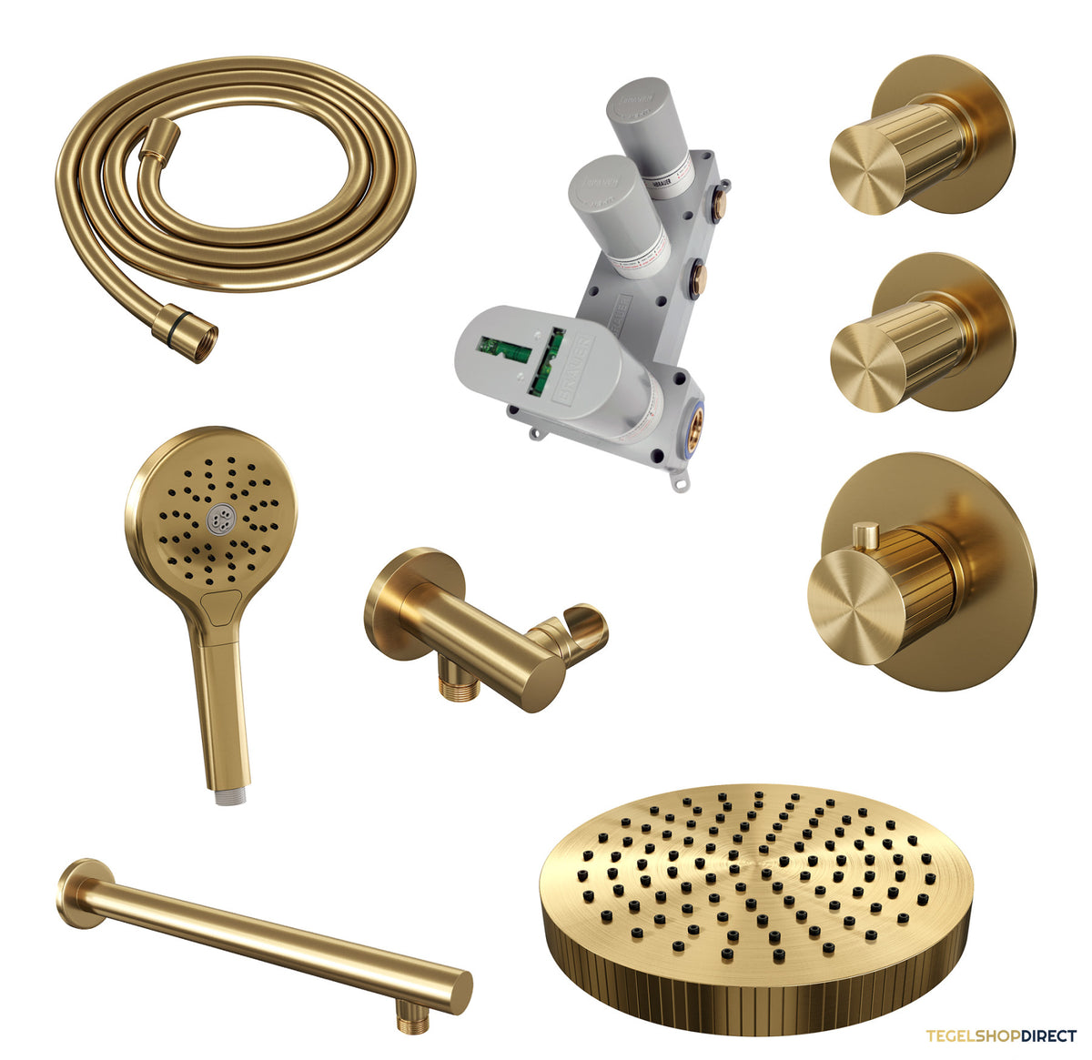 Brauer Stripe thermostatische inbouw regendouche SET 04 met 25 cm douchekop en rechte muurarm en 3-standen handdouche en doucheslang en wandaansluitbocht goud geborsteld PVD – afbeelding 3