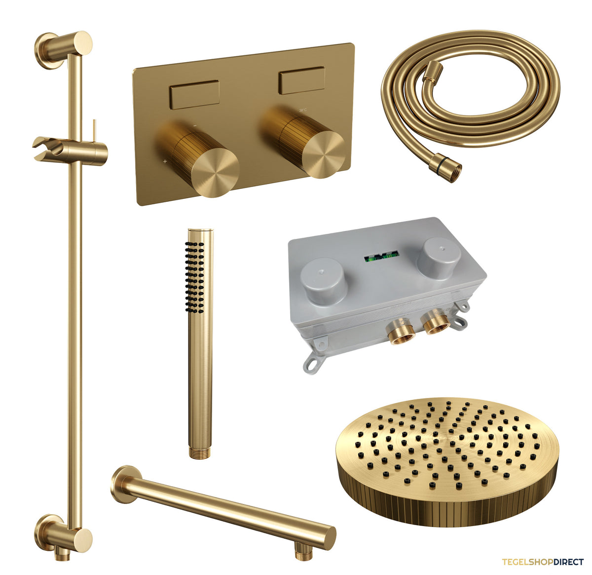 Brauer Stripe thermostatische inbouw regendouche met drukknoppen SET 31 met 25 cm douchekop en rechte muurarm en staaf handdouche en doucheslang en geintegreerde glijstang goud geborsteld PVD – afbeelding 3