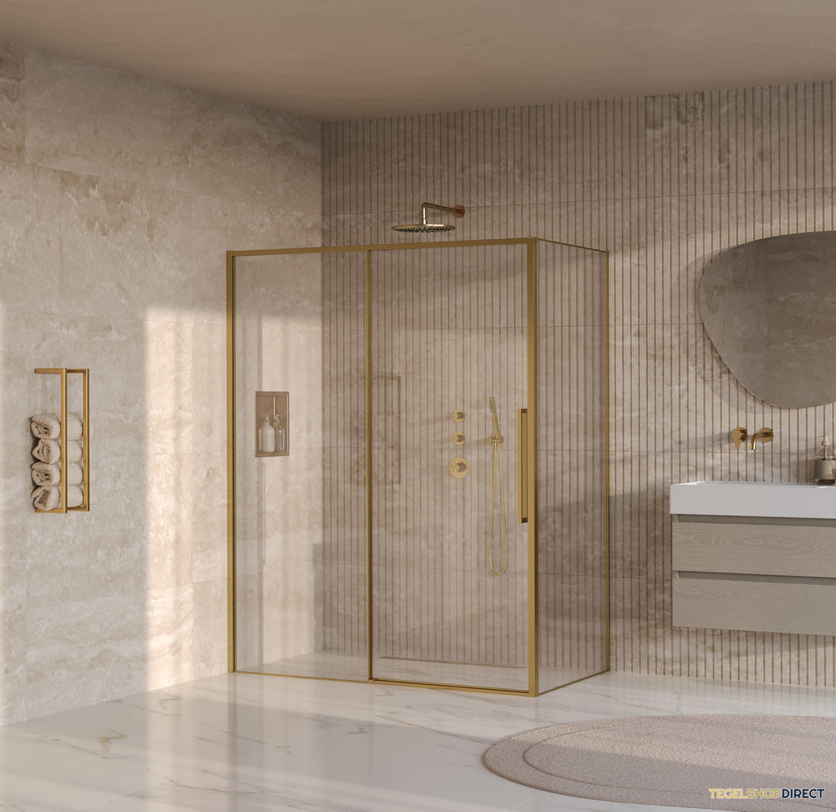 BRAUER Galactic Douchecabine Met Schuifdeur 160x90x200 Omkeerbaar Helder Glas Incl. Glascoating PVD Goud Geborsteld – afbeelding 2