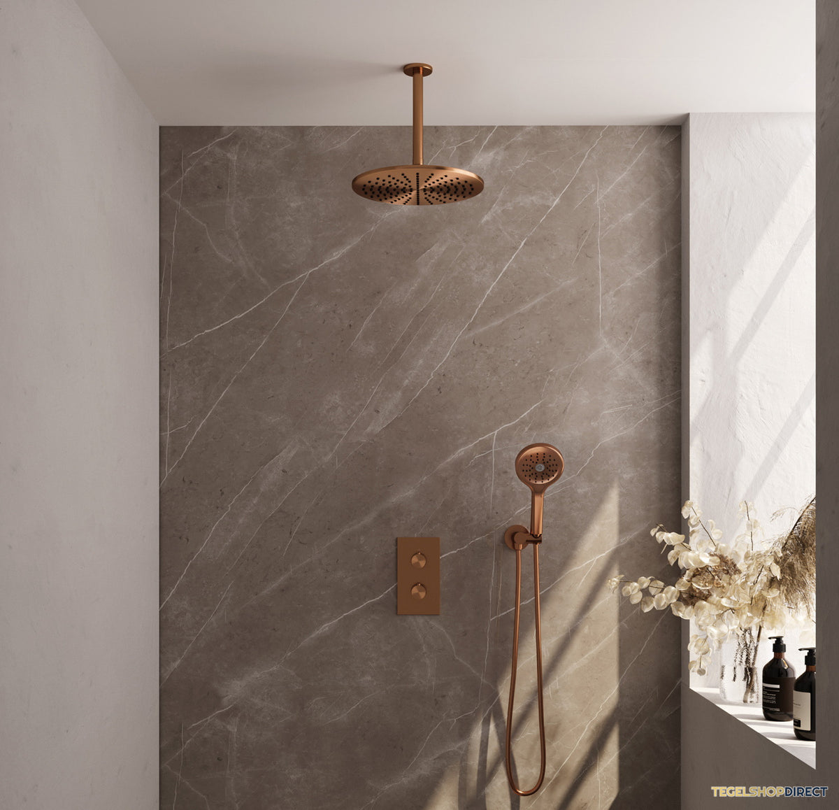 Regendoucheset Inbouw Brauer Copper Carving Thermostatisch 30cm met 3-Weg Omstelling, Plafondarm en 3-Standen Handdouche Geborsteld Koper