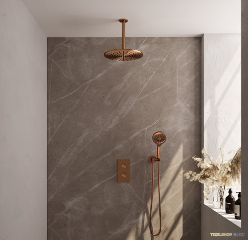 Regendoucheset Inbouw Brauer Copper Carving Thermostatisch 30cm met 3-Weg Omstelling, Plafondarm en 3-Standen Handdouche Geborsteld Koper