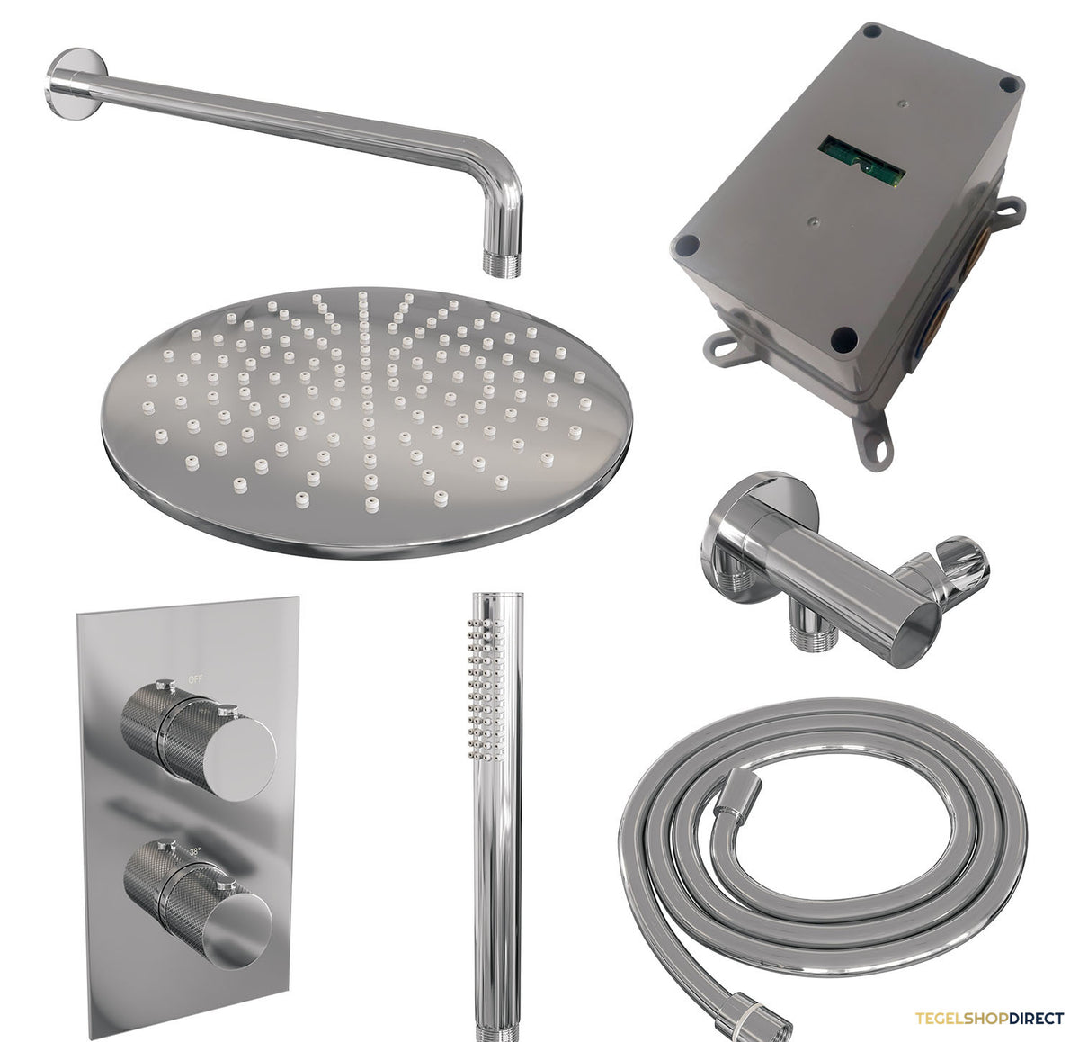 Regendoucheset Inbouw Brauer Chrome Carving Thermostatisch 30cm met 3-Weg Omstelling, Gebogen Wandarm en Staaf Handdouche Chroom – afbeelding 4