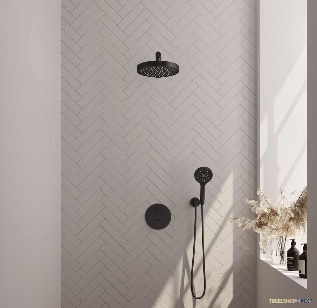 Brauer Stripe thermostatische inbouw regendouche 3-weg rond SET 40 met 25 cm douchekop en rechte muurarm en 3-standen handdouche en doucheslang en wandaansluitbocht mat zwart