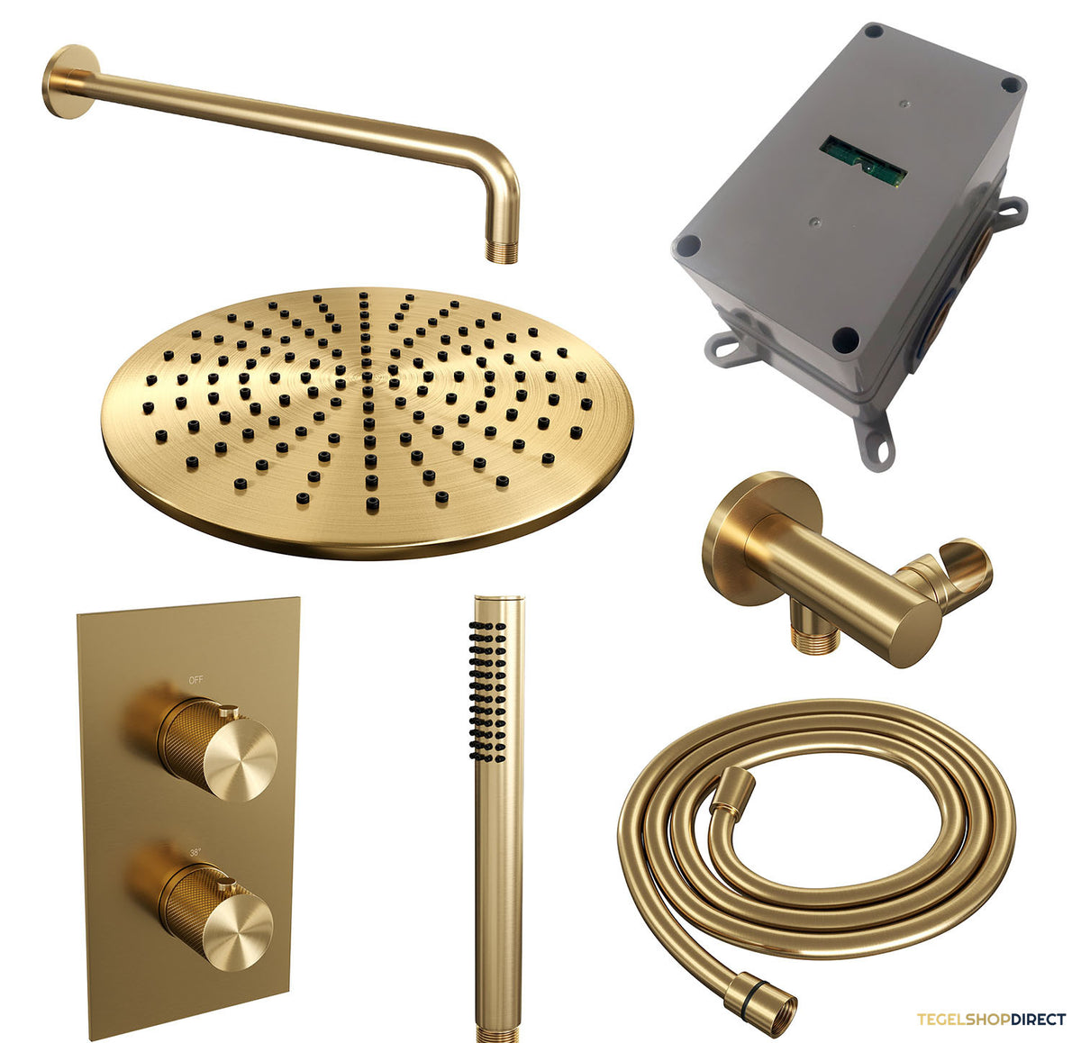 Regendoucheset Inbouw Brauer Gold Carving Thermostatisch 30cm met 3-Weg Omstelling, Gebogen Wandarm en Staaf Handdouche Geborsteld Goud – afbeelding 4